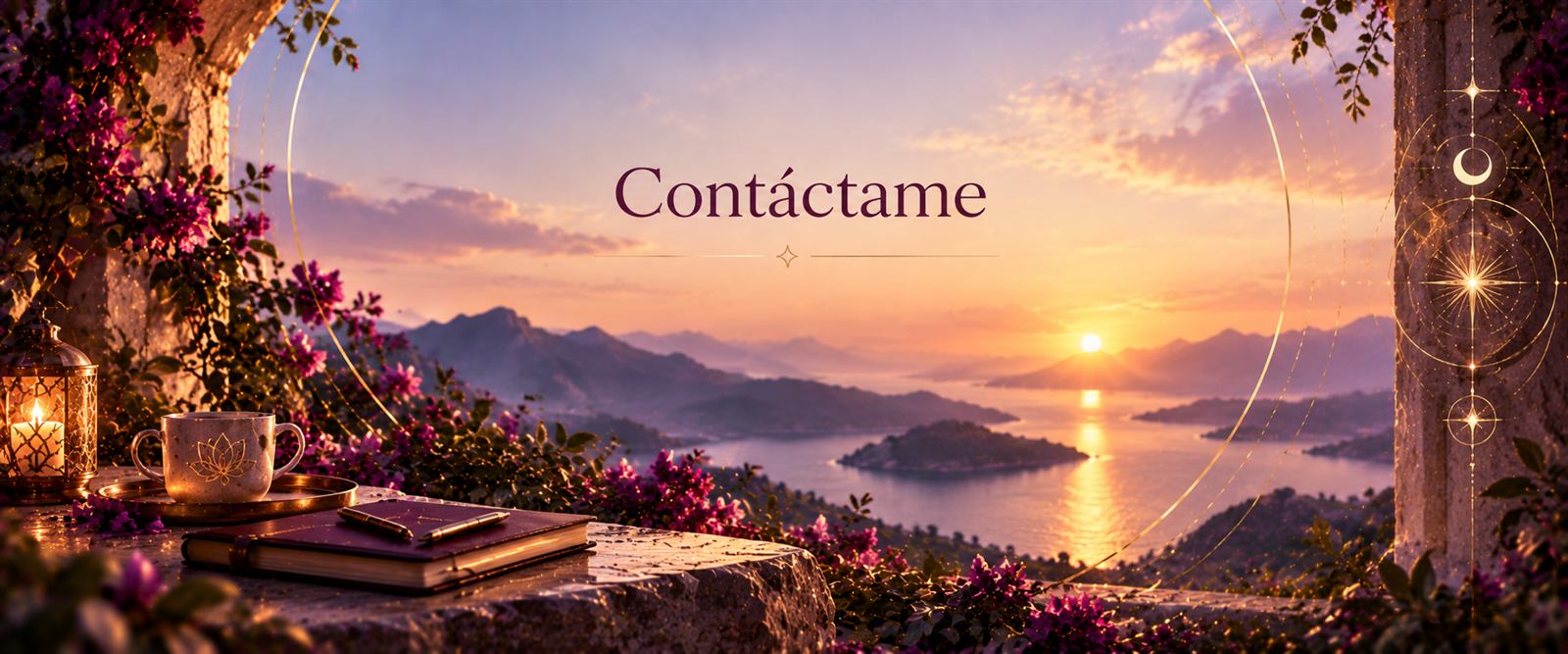 Contáctame. Una taza con loto dorado, una libreta y una linterna sobre una mesa de piedra con buganvilias, frente al mar al atardecer.