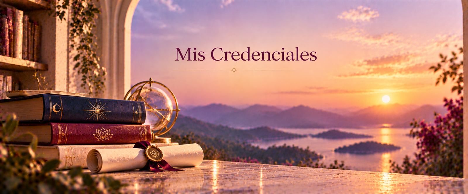 Mis credenciales. Libros, un pergamino con sello y un globo dorado frente a un lago al atardecer.