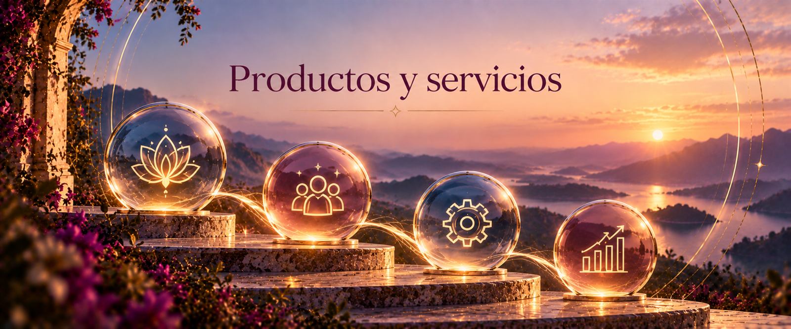 Productos y servicios. Cuatro esferas de cristal sobre escalones de mármol con íconos de loto, personas, engrane y gráfica.